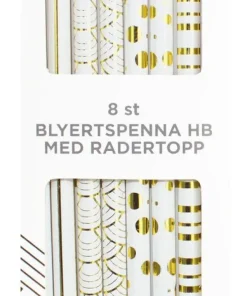 Blyertspenna med radertopp 8-pack vit/guld