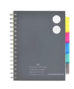 Ämnesblock A5 - 5 flikar svart